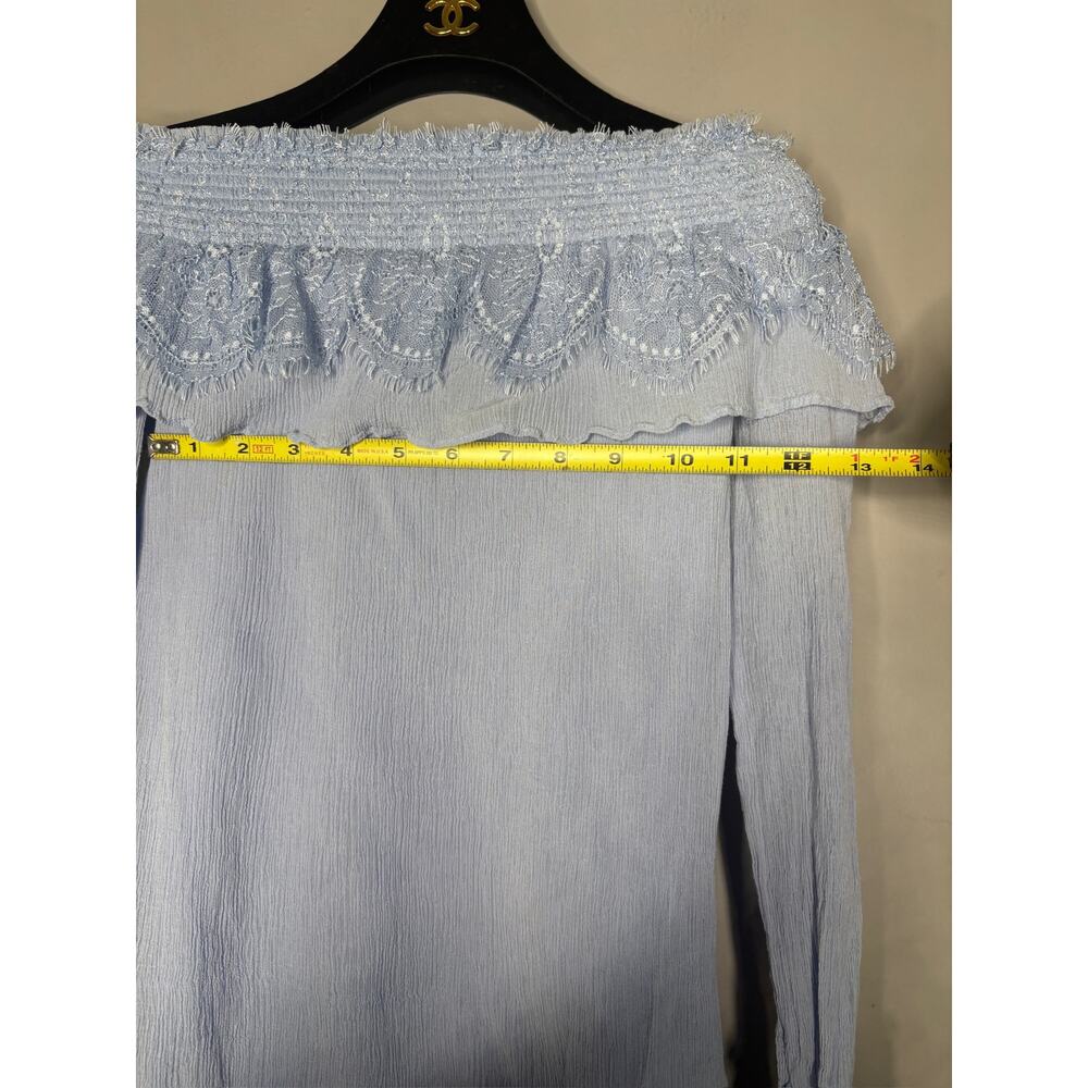 Kobi Halperin Women's Size Small Blue Off Shoulder Fringe Detail Long Sleeve Top - Picture 2 of 4